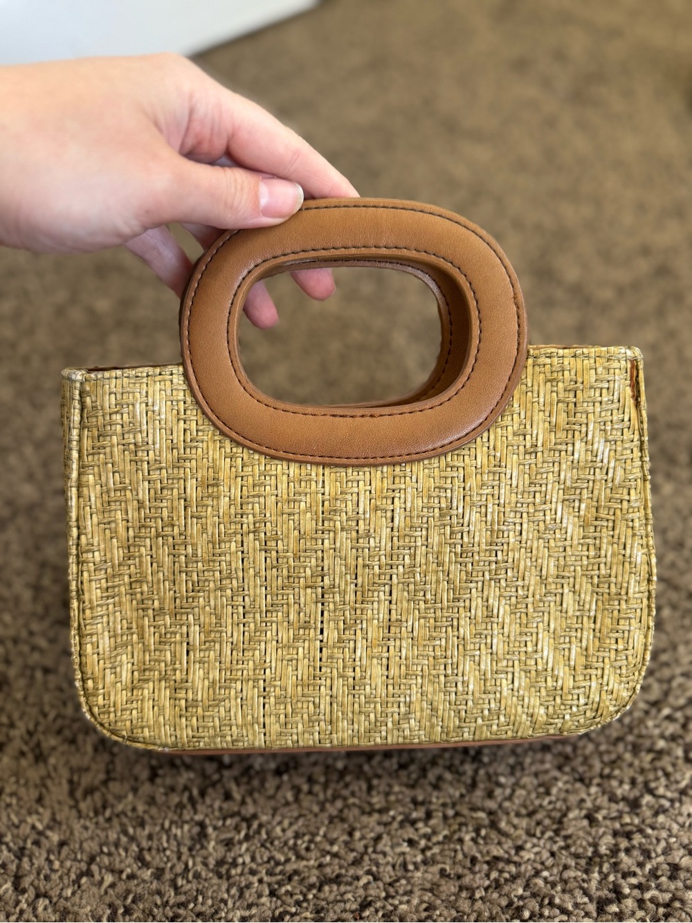 Fossil Woven Straw Mini Bag with Tan Leather Handle